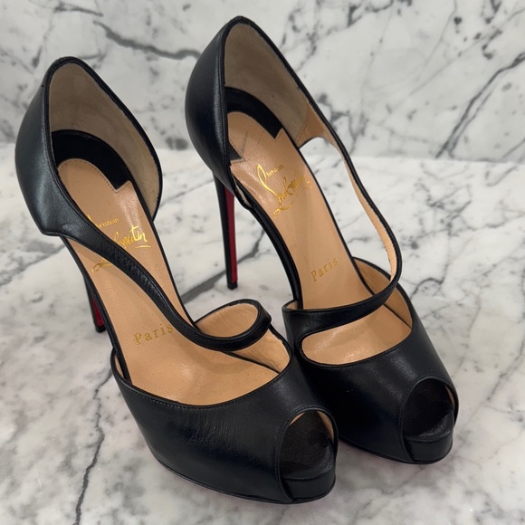 Christian Louboutin Catchy Peep Toe Pump 120 KidOpenToe Black Leather size35 1/5